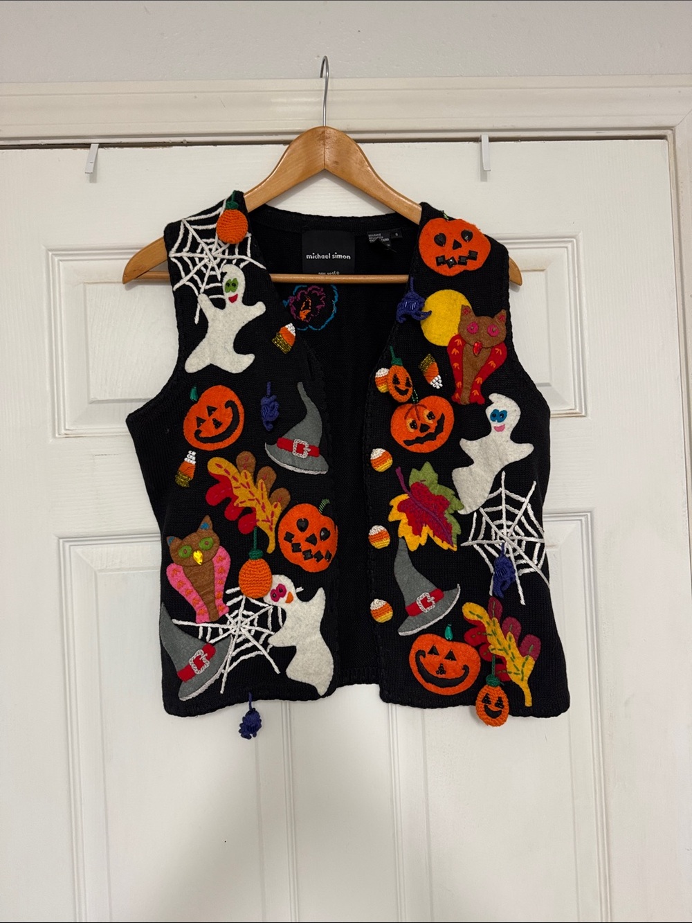 Michael Simon Black Halloween Vest with Colorful Pumpkins & Ghosts